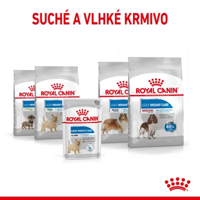 Suché a vlhké krmivo Royal Canin Light Weight Care pre psy rôznych veľkostí: X-Small, Mini, Maxi, Medium, All Sizes. Viditeľné balenia s obrázkami psov a logom Royal Canin.