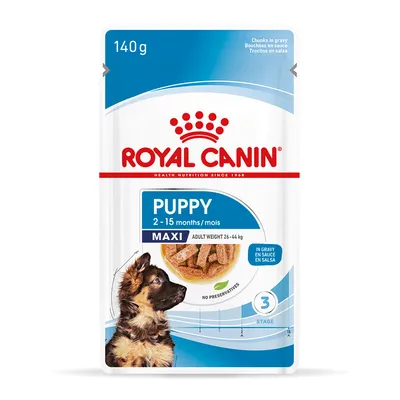 Royal Canin Puppy Maxi, 140g, for dogs aged 2-15 months, weight 26-44kg. Chunks in gravy, no preservatives, stage 3.