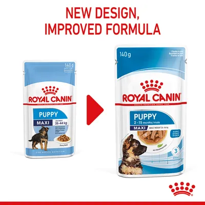 Royal Canin Puppy Maxi 140 g, to pakker med forskelligt design. Tekst: NEW DESIGN, IMPROVED FORMULA. Synlig tekst på emballage: PUPPY MAXI, 2–15 months/mois, adult weight 26–44 kg.