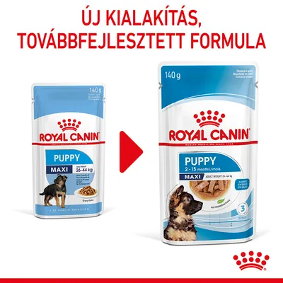 ROYAL CANIN PUPPY MAXI 140 g, új kialakítás és továbbfejlesztett formula. Bal: régi csomagolás, jobb: új csomagolás, 2–15 hónapos, 26–44 kg-os kölyökkutyáknak.