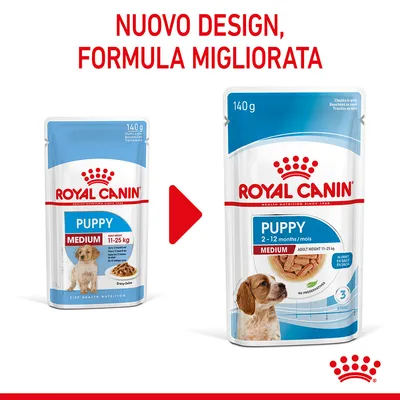 ROYAL CANIN Puppy Medium 140 g, nuovo design e formula migliorata. Confezioni mostrate: peso adulto 11–25 kg, per cuccioli 2–12 mesi, senza conservanti.