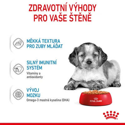 Zdravotní výhody pro štěně: měkká textura pro zuby mláďat, silný imunitní systém – vitamíny a antioxidanty, vývoj mozku – omega-3 mastná kyselina (DHA), Royal Canin miska s krmivem.