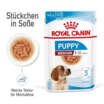 Royal Canin Puppy Medium 2-12 months, Stückchen in Sosse, 140g x10, weiche Textur für Milchzähne, Stage 3.