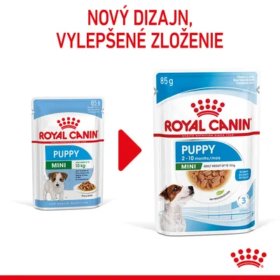 ROYAL CANIN PUPPY MINI 85 g, nový dizajn a vylepšené zloženie. Balenia s nápisom: pre šteňatá do 10 kg, 2–10 mesiacov, bez konzervantov, v omáčke.