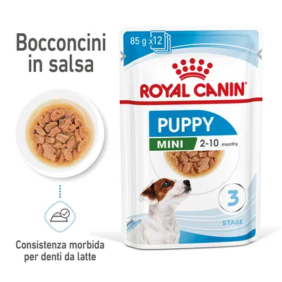 Royal Canin Puppy Mini 2-10 months, bocconcini in salsa, confezione da 85 g x12, consistenza morbida per denti da latte, immagine di cane e ciotola con alimento umido.