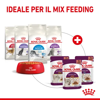 ROYAL CANIN crocchette Fit, Sterilised, Indoor, Sensible e bustine Sensory Smell, Taste, Feel da 85 g. Testo: Ideale per il mix feeding.