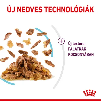 Új nedves technológiák, új textúra, falatkák kocsonyában. Húsdarabok zselés állagban, Royal Canin logóval.