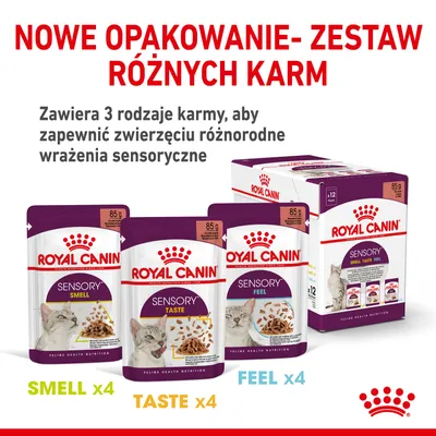 Royal Canin Sensory – zestaw 12 saszetek karmy dla kotów: 4 Smell, 4 Taste, 4 Feel, każda po 85 g. Nowe opakowanie, zapewnia różnorodne wrażenia sensoryczne.