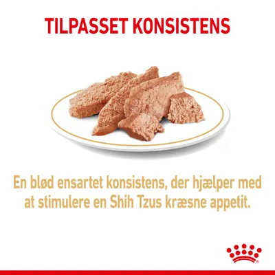 TILPASSET KONSISTENS. En blød ensartet konsistens, der hjælper med at stimulere en Shih Tzus kræsne appetit. Billede af vådfoder på tallerken.