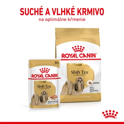 ROYAL CANIN Shih Tzu ADULT suché a vlhké krmivo, balenie 85 g a väčšie vrece. Text: SUCHÉ A VLHKÉ KRMIVO na optimálne kŕmenie. Obrázok psa Shih Tzu na obale.