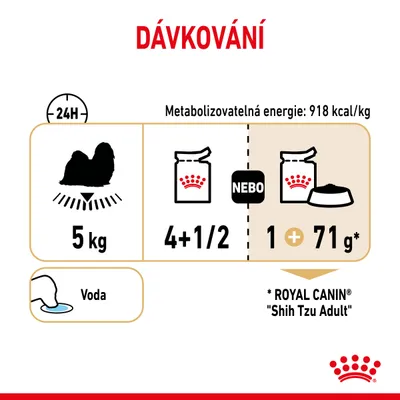 Dávkování pro psa 5 kg: 4 a půl kapsičky nebo 1 kapsička plus 71 g granulí. Metabolizovatelná energie 918 kcal/kg. Voda. ROYAL CANIN Shih Tzu Adult.