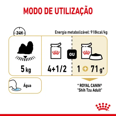 Modo de utilização para cão de 5 kg: 4+1/2 saquetas ou 1 saqueta mais 71 g de ração Royal Canin Shih Tzu Adult por dia. Energia metabolizável: 918 kcal/kg. Água disponível.