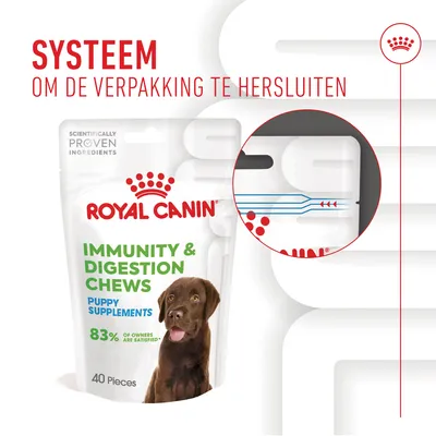 Royal Canin Immunity & Digestion Chews Puppy Supplements, 40 stuks. Tekst: Systeem om de verpakking te hersluiten, 83% of owners are satisfied, Scientifically Proven Ingredients.