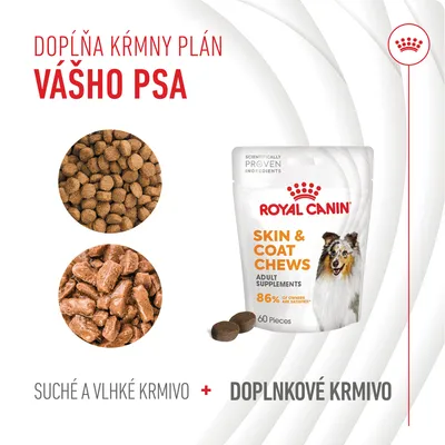 ROYAL CANIN Skin & Coat Chews Adult Supplements 60 ks, suché a vlhké krmivo, doplnkové krmivo pre psov. Text: Dopĺňa kŕmny plán vášho psa, 86 % of owners are satisfied.