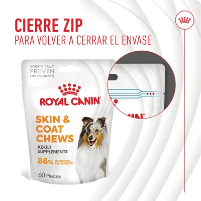 Envase de Royal Canin Skin & Coat Chews con cierre zip. Texto visible: 'Cierre zip para volver a cerrar el envase', '86% of owners are satisfied', 60 piezas, suplementos adultos. Envase de Royal Canin Skin & Coat Chews con cierre zip. Texto visible: 'Cierre zip para volver a cerrar el envase', '86% of owners are satisfied', 60 piezas, suplementos adultos.