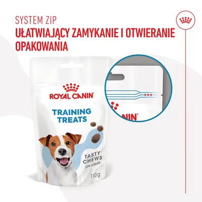 ROYAL CANIN Training Treats Tasty Chews Low Calorie 110 g, system zip ułatwiający zamykanie i otwieranie opakowania, ilustracja mechanizmu zamknięcia na opakowaniu.
