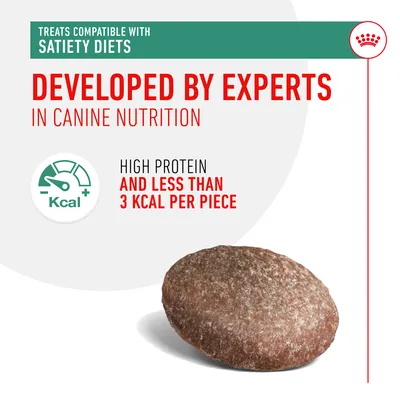 Treats compatible with satiety diets, developed by experts in canine nutrition. High protein and less than 3 kcal per piece.