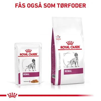 Royal Canin Veterinary Renal vådfoder og tørfoder til hund, tekst: Fås også som tørfoder. Billeder af begge produkttyper med synlig mærkning og illustration af hund.