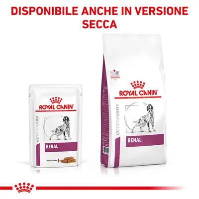 ROYAL CANIN VETERINARY RENAL per cani, bustina e sacco. Testo in alto: DISPONIBILE ANCHE IN VERSIONE SECCA.