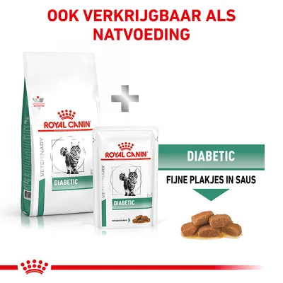 Royal Canin Veterinary Diabetic kattenvoer droog en nat, tekst: ook verkrijgbaar als natvoeding, diabetic, fijne plakjes in saus. Afbeelding van brokjes in saus.