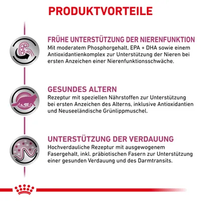 Produktvorteile: Unterstützung der Nierenfunktion, gesundes Altern mit Grünlippmuschel, Verdauungsförderung durch präbiotische Fasern. Details zu Rezepturen und Inhaltsstoffen.