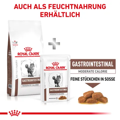 Сухой и влажный корм для кошек Royal Canin Gastrointestinal Moderate Calorie. Видны упаковки и кусочки в соусе. Текст на немецком: AUCH ALS FEUCHTNAHRUNG ERHÄLTLICH, FEINE STÜCKCHEN IN SOSSE. Сухой и влажный корм для кошек Royal Canin Gastrointestinal Moderate Calorie. Видны упаковки и кусочки в соусе. Текст на немецком: AUCH ALS FEUCHTNAHRUNG ERHÄLTLICH, FEINE STÜCKCHEN IN SOSSE.