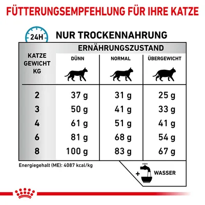 Tableau d’alimentation sèche pour chat : poids 2–8 kg, quantités selon état (mince, normal, surpoids). Exemple : 4 kg, 61 g mince, 51 g normal, 41 g surpoids. Énergie : 4087 kcal/kg.