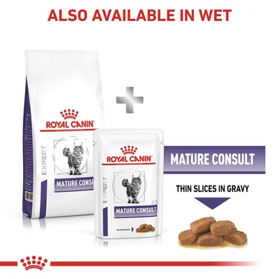 Dry and wet food packaging labelled Mature Consult, with text stating 'Also available in wet' and 'Thin slices in gravy'.