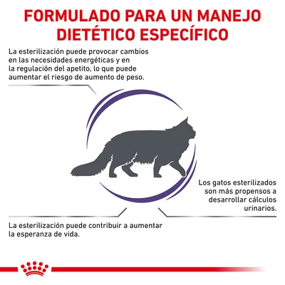 Formulado para un manejo dietético específico. La esterilización puede provocar cambios energéticos, aumentar el riesgo de peso, contribuir a la esperanza de vida y favorecer cálculos urinarios.