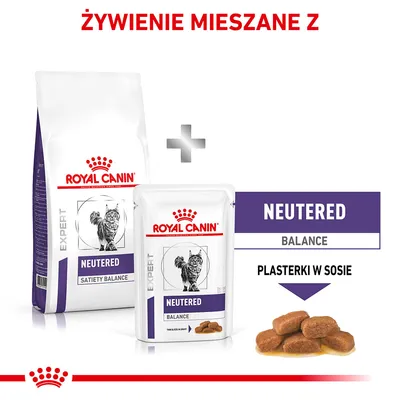 Royal Canin Expert Neutered Satiety Balance karma sucha i mokra dla kotów, plasterki w sosie. Widoczne opakowania oraz kawałki karmy.