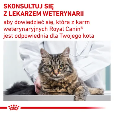 SKONSULTUJ SIĘ Z LEKARZEM WETERYNARII, aby dowiedzieć się, która z karm weterynaryjnych Royal Canin jest odpowiednia dla Twojego kota