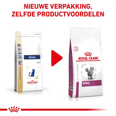 Royal Canin Renal kattenvoer: oude en nieuwe verpakking naast elkaar. Bovenaan staat: NIEUWE VERPAKKING, ZELFDE PRODUCTVOORDELEN.