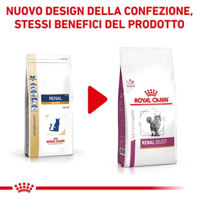 Nuovo design della confezione, stessi benefici del prodotto. Due sacchetti Royal Canin Renal Select per gatti a confronto: vecchia e nuova confezione visibili.