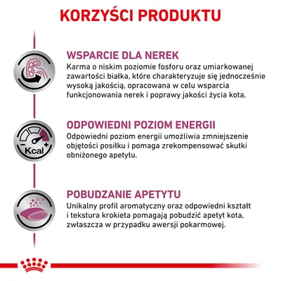 Korzyści produktu: wsparcie dla nerek, odpowiedni poziom energii, pobudzanie apetytu. Szczegółowe opisy dotyczące składu i działania karmy dla kotów widoczne na grafice.