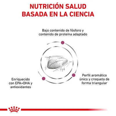 NUTRICIÓN SALUD BASADA EN LA CIENCIA. Bajo contenido de fósforo y proteína adaptado, enriquecido con EPA+DHA y antioxidantes, perfil aromático único y croqueta triangular.
