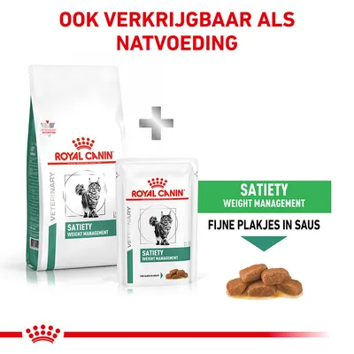 Royal Canin Veterinary Satiety Weight Management kattenvoer, droge en natte variant. Tekst: ook verkrijgbaar als natvoeding, fijne plakjes in saus.