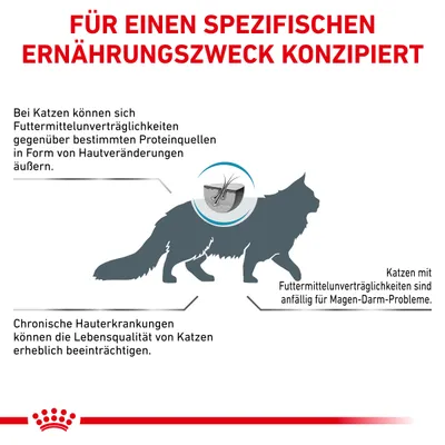 На изображении текст на немецком: «Für einen spezifischen Ernährungszweck konzipiert». Силуэт кошки, выделены кожа и пищеварительная система. Описаны проблемы с кожей и ЖКТ у кошек.