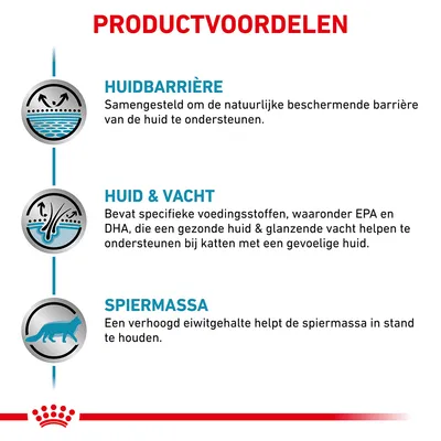 Productvoordelen: huidbarrière ondersteunt natuurlijke bescherming, huid & vacht met EPA en DHA voor gezonde huid en vacht, spiermassa door verhoogd eiwitgehalte.