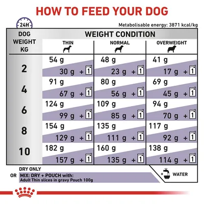 Feeding guide table showing daily dry food and mixed pouch amounts by dog weight (2–10kg) and condition: thin, normal, overweight. Includes water symbol and metabolisable energy 3871 kcal/kg.