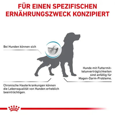 Grafik zeigt Hund mit Text: Für einen spezifischen Ernährungszweck konzipiert. Hinweise zu Hautkrankheiten, Futterunverträglichkeiten und Magen-Darm-Problemen bei Hunden.