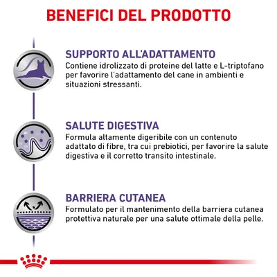 Benefici del prodotto: supporto all’adattamento, salute digestiva, barriera cutanea. Testi esplicativi su idrolizzato di proteine, fibre e mantenimento della barriera cutanea.