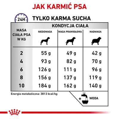 Tabela dawkowania suchej karmy dla psa: masa ciała 2–10 kg, trzy kolumny – niedowaga, waga prawidłowa, nadwaga. Przykład: 6 kg – 126 g, 111 g, 96 g. Energia: 3813 kcal/kg.