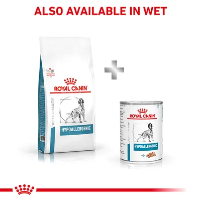 Royal Canin Hypoallergenic food shown in both dry and wet forms, with text stating 'Also available in wet'.