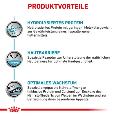 Texte en allemand : Hydrolysiertes Protein, Hautbarriere, Optimales Wachstum. Avantages du produit décrits pour protéines hydrolysées, barrière cutanée et croissance optimale.
