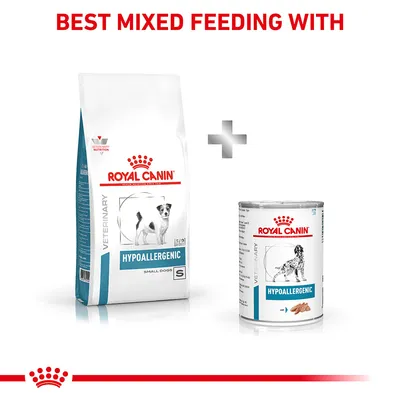 Image shows Royal Canin Hypoallergenic dry and wet food with text 'Best mixed feeding with', highlighting both products for combined feeding.