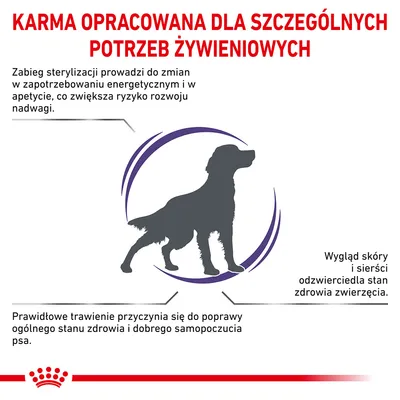 Karma opracowana dla szczególnych potrzeb żywieniowych. Zabieg sterylizacji wpływa na apetyt i ryzyko nadwagi. Prawidłowe trawienie poprawia zdrowie psa. Wygląd sierści odzwierciedla stan zdrowia.