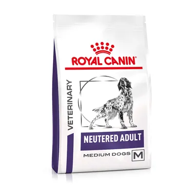 Bag labelled veterinary neutered adult medium dogs M, with an image of a dog and Royal Canin branding visible.
