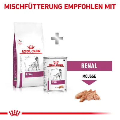 Royal Canin Renal Trockenfutter und Renal Mousse Nassfutter. Mischfütterung empfohlen für Hunde mit Nierenproblemen.