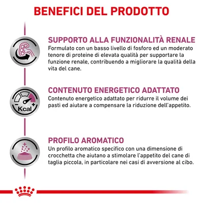 Benefici del prodotto: supporto alla funzionalità renale, contenuto energetico adattato, profilo aromatico specifico per stimolare l’appetito del cane di taglia piccola. Testo in italiano.
