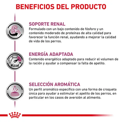Beneficios del producto: soporte renal, energía adaptada y selección aromática. Textos explicativos sobre función renal, contenido energético y perfil aromático para perros.